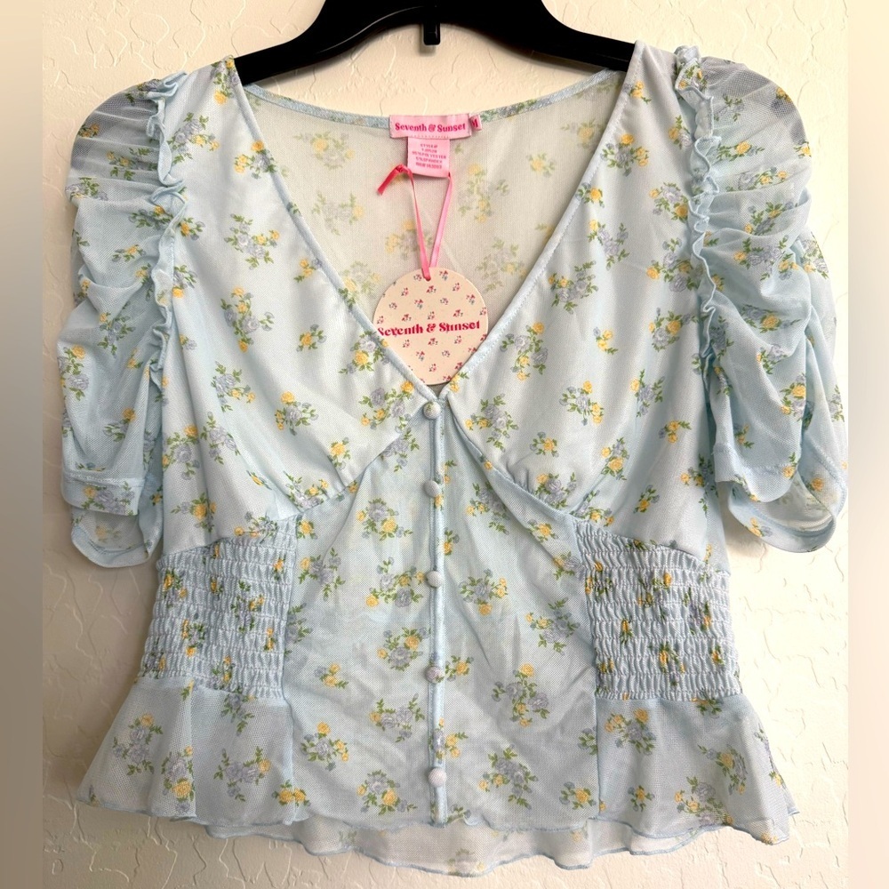 4/$20 - SEVENTH & SUNSET Pale Blue Floral Top- NEW W/ Tags- Size Medium